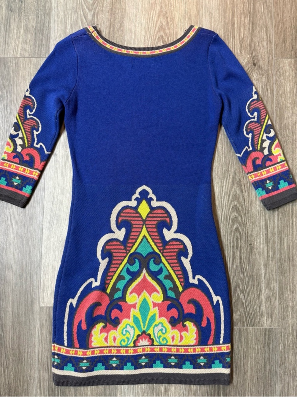 Boho Sweater Mini Dress Royal Blue Baroque Tapestry Intarsia Knit Festival Small - Picture 8 of 9